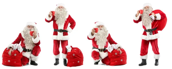 Set Weihnachtsmänner Mit Tüten Und Heißer Schokolade Isoliert Auf Weiß — Stockfoto