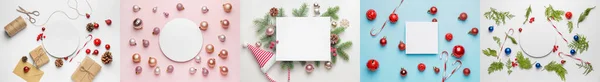 Gyönyörű Karácsonyi Kompozíciók Üres Kártyákkal Dekorációkkal Felülnézet — Stock Fotó