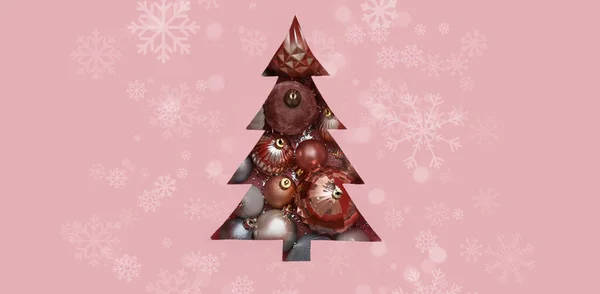 Christmas Tree Cut Out Pink Paper Balls Top View — Stock Photo, Image