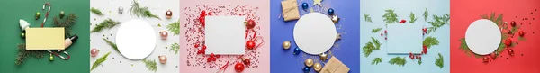Belas Composições Natal Com Cartões Branco Decorações Sobre Fundo Cor — Fotografia de Stock