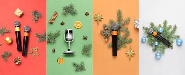 Коллаж Микрофонов Рождественскими Украшениями Цветном Фоне — стоковое фото