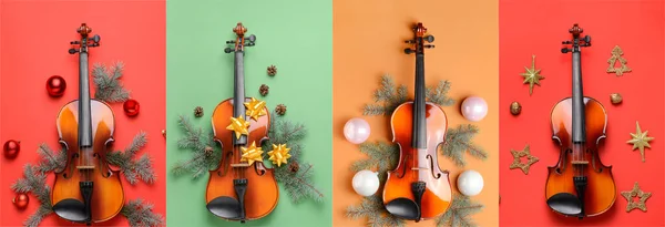 Collage Violín Con Decoraciones Navideñas Sobre Fondo Color —  Fotos de Stock