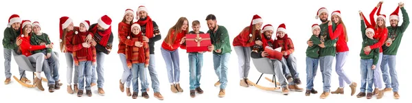 Collage Glad Ung Familj Vinterkläder Med Jultomten Hattar Och Gåva — Stockfoto