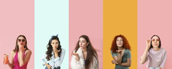 Collage Beautiful Young Women Sending Air Kisses Color Background — Stock Photo, Image