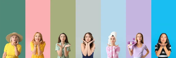 Set Von Schönen Frauen Senden Luftküsse Auf Farbigem Hintergrund — Stockfoto