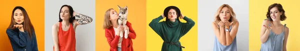 Grupp Vackra Kvinnor Som Skickar Luft Kyssar Färg Bakgrund — Stockfoto