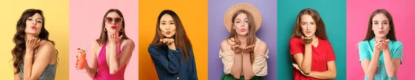 Sammlung Schöner Frauen Die Luftküsse Auf Farbigem Hintergrund Senden — Stockfoto