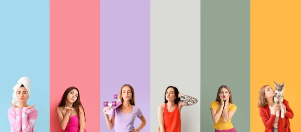 Collage Van Jonge Vrouwen Verzenden Van Lucht Kussen Kleur Achtergrond — Stockfoto