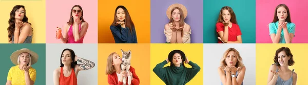 Collage Beautiful Women Sending Air Kisses Color Background — Stock Photo, Image