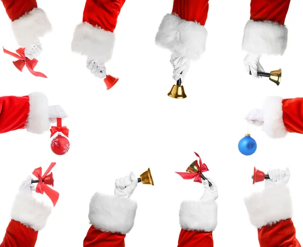 Collage Der Hände Des Weihnachtsmannes Mit Weihnachtsglocken Und Kugeln Auf — Stockfoto