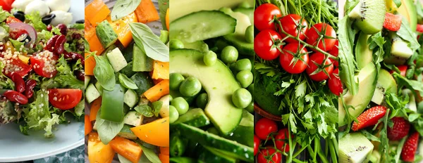 Colagem Saladas Saborosas Vista Close Conceito Dieta — Fotografia de Stock