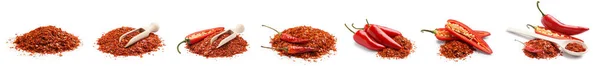 Collage Red Chili Flakes White Background — Stock Photo, Image