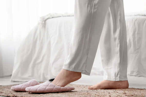 Woman Putting Slippers Bedroom Closeup — Stock Photo, Image