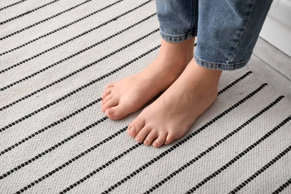 Female Bare Feet Striped Carpet Closeup — Stock Photo, Image