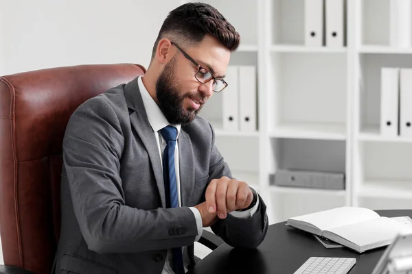 Handsome Bank Manager Looking Wristwatch Office — Stock Photo, Image