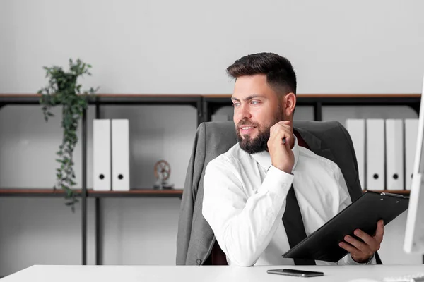 Handsome Bank Manager Working Clipboard Table Office — Stock Photo, Image