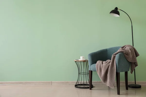 Stylish Armchair Plaid Lamp Color Wall — Stock Photo, Image