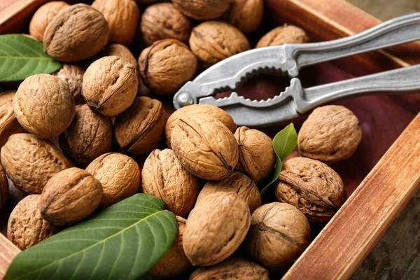 Wooden Box Walnuts Nutcracker Closeup — Stock Photo, Image