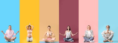 Renkli arka planda meditasyon yapan bir grup insan.
