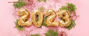 Kozalaklı dallar ve 2023 model pembe arka planda balonlardan yapılmış. Yeni yıl kutlaması