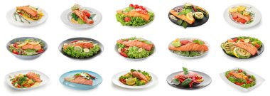 Lezzetli somon balığı ve beyaz arka planda taze sebze koleksiyonu.