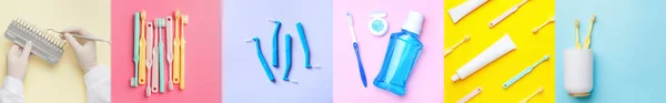 Colagem Com Suprimentos Para Higiene Oral Fundo Colorido — Fotografia de Stock