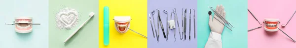 彩色背景下配备牙科工具和口腔卫生用品的学院 — 图库照片