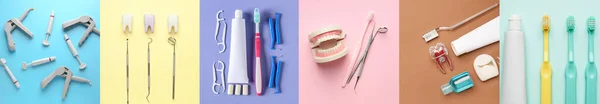 Collage Dental Tools Supplies Oral Hygiene Colorful Background Top View — Stock Photo, Image