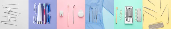 stock image Collage with dental tools and supplies for oral hygiene on colorful background