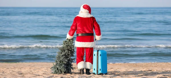 Санта Клаус Валізою Різдвяним Деревом Березі Моря — стокове фото