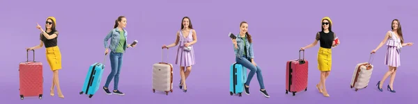 幸せな若いです女性のコラージュとともにスーツケース上の紫の背景 — ストック写真
