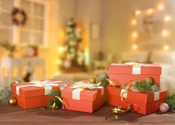 Beautiful Christmas Gifts Table Bedroom Night — Stock Photo, Image