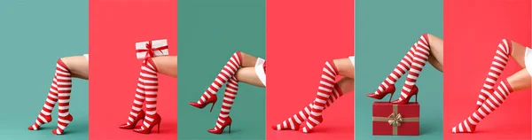 Många Ben Sexiga Unga Kvinnor Julstrumpor Färgglada Bakgrund — Stockfoto