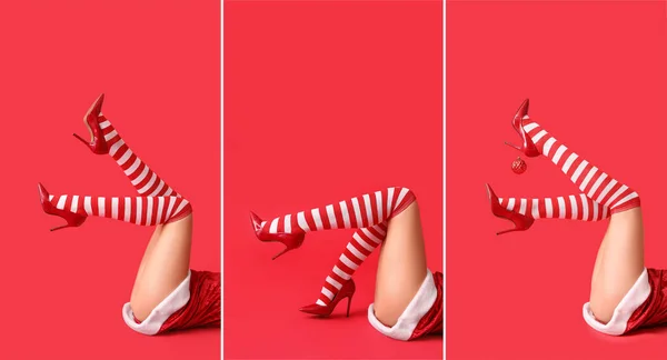 Kaki Wanita Muda Seksi Dalam Stoking Natal Latar Belakang Merah — Stok Foto