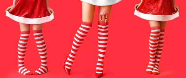 Zestaw Seksownych Młodych Kobiet Świątecznych Pończochach Czerwonym Tle — Zdjęcie stockowe