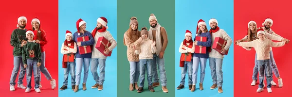 Collection Happy Family Winter Clothes Christmas Gifts Color Background — Stock Photo, Image
