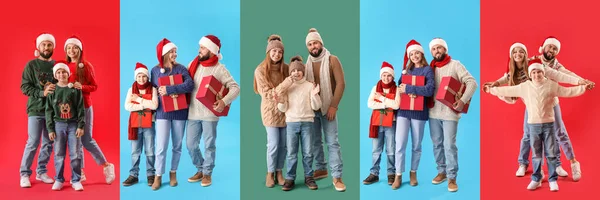 Coleção Família Feliz Roupas Inverno Com Presentes Natal Fundo Cor — Fotografia de Stock