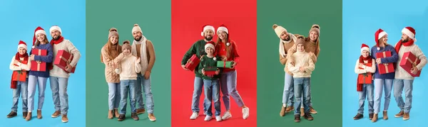 Kollázs Boldog Család Téli Ruhák Karácsonyi Ajándékok Színes Háttér — Stock Fotó