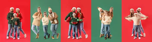 Kolaż Szczęśliwej Rodziny Zimowych Ubraniach Prezentami Świątecznymi Czerwonym Zielonym Tle — Zdjęcie stockowe
