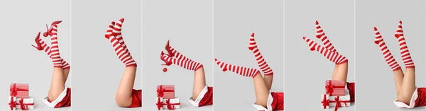 Conjunto Mujer Joven Sexy Medias Navidad Sobre Fondo Claro — Foto de Stock