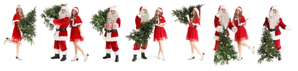 Menschen Weihnachtsmannkostümen Mit Weihnachtsbäumen Auf Weißem Hintergrund — Stockfoto