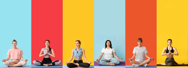 Set Verschiedener Meditierender Frauen Auf Buntem Hintergrund — Stockfoto