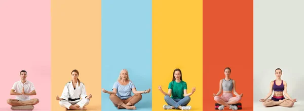 Set Verschiedener Meditierender Menschen Auf Buntem Hintergrund — Stockfoto