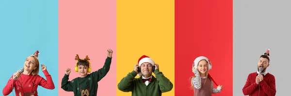 Ludzie Słuchawkami Mikrofonami Kolorowym Tle Święta Bożego Narodzenia — Zdjęcie stockowe