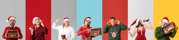 Mensen Met Koptelefoon Microfoon Drum Radio Ontvangers Kleur Achtergrond Kerstfeest — Stockfoto