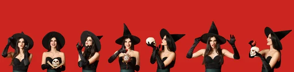 Set Young Witch Red Background — Stock Photo, Image