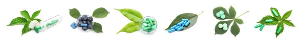 Colagem Pílulas Base Plantas Folhas Verdes Bagas Fundo Branco — Fotografia de Stock