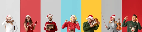 Люди Наушниками Микрофонами Скрипками Радиоприемниками Цветном Фоне Праздник Рождества — стоковое фото