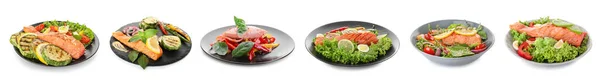 Tellerset Mit Leckerem Lachs Und Frischem Gemüse Auf Weißem Hintergrund — Stockfoto