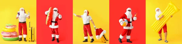 Collage Von Weihnachtsmännern Auf Gelbem Und Rotem Hintergrund Weihnachtsferien Konzept — Stockfoto